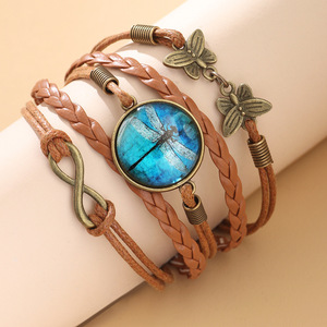 Retro <b>Leather</b> Braided Multi-layer <b>Bracelet</b> With Dragonfly Inlay Adjustable Wrist Accessory For Women Jewelry - Product Image 3