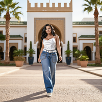 Pantalon long en jean vintage bleu délavé taille mi-haute respirant et polyvalent pour femme