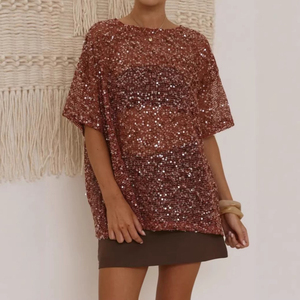 Camicetta estiva da <span class=keywords><strong>donna</strong></span> Channel <span class=keywords><strong>con</strong></span> glitter, trasparente, a maniche corte, in rete <span class=keywords><strong>con</strong></span> <span class=keywords><strong>paillettes</strong></span> - Product Image 6