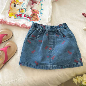 Girls Denim Skirt A-Line Mini Solid Color With Bow Print Summer Wear - Product Image 2