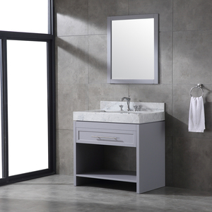 Grey Modern Solid Wood <b>Small</b> Bathroom <b>Vanity</b> with Grey Frame <b>Mirror</b> Freestanding Cabinet Carrara Marble Top 1 Drawer Open Shelf - Product Image 2