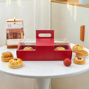 Boîte à gâteau rectangulaire rouge et rose, longue, pour gâteau roulé, cupcakes, biscuits, pâtisseries, emballage à emporter pour boulangerie avec couvercle transparent et poignée - Product Image 4