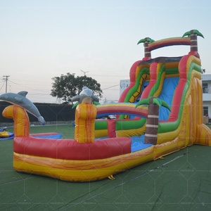 Toboggan aquatique gonflable commercial en PVC à double piste, motif palmier tropical marbré, pour la <span class=keywords><strong>location</strong></span> événementielle - Product Image 2