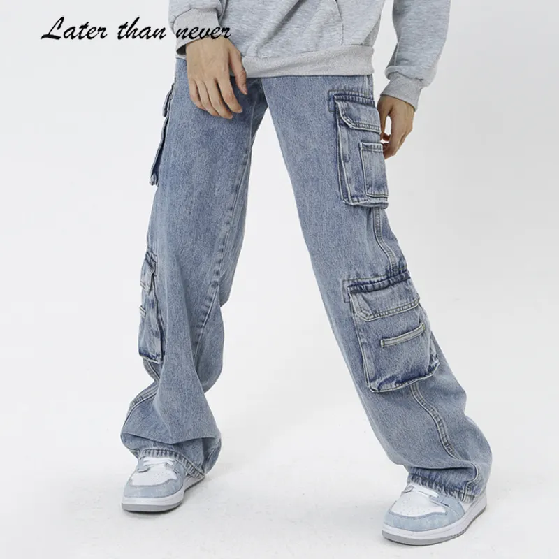 Grandes poches Denim Cargo pantalon droit ample ajusté Baggy jean hommes Denim bleu Parachute pantalon pantalons masculones masculino Streetwear