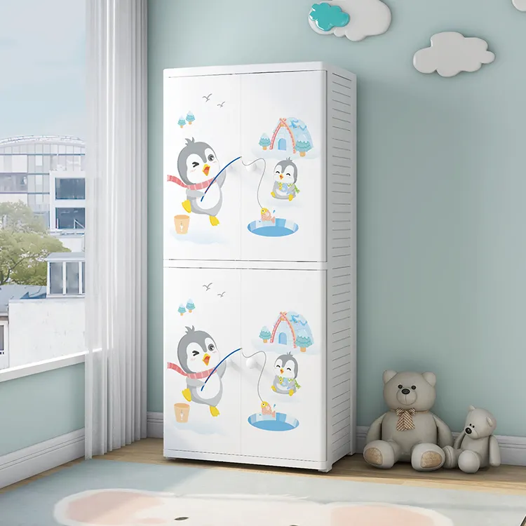 漫画ペンギンデザイン両開きドアスタイルベビー服とおもちゃ収納子供寝室プラスチック食器棚ワードローブ