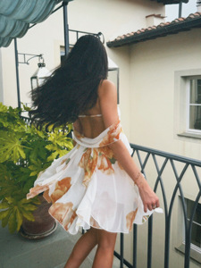 Nouvelle robe en mousseline de soie imprimée, sans bretelles, pour femmes élégantes, style vacances féeriques, robe mini sexy dos nu - Product Image 3
