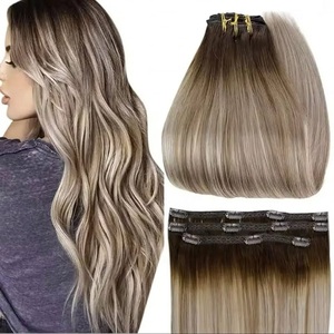 Extensiones de cabello humano Remy 100% real con clip, sin costuras, para toda la cabeza, cabello liso, puntas gruesas, negro natural, para maquillaje. - Product Image 4