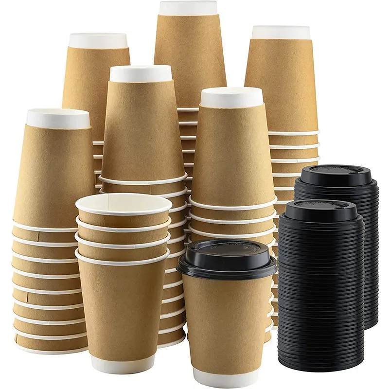 Wholesale Custom Kraft Paper Coffee Cups Packaging Single/Double/Ripple Wall Hot Drinks Water Tea Ice Lids Featuring Custom Logo