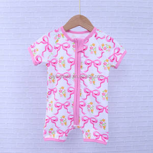 YiYing Unisex Pink Floral Print Bamboo Baby Romper 0-24 Bulan Setelan Pakaian Musim Panas Lengan Pendek dengan Resleting - Product Image 3