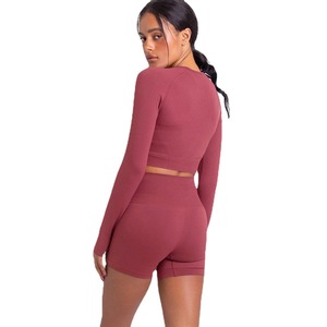 2025 automne femmes Fitness <span class=keywords><strong>sport</strong></span> salle de <span class=keywords><strong>sport</strong></span> à manches longues vêtements de <span class=keywords><strong>sport</strong></span> 2 pièces Shorts d'entraînement Leggings ensemble imprimé Logo Yoga haut <span class=keywords><strong>bas</strong></span> - Product Image 2