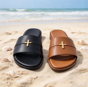 Sandalias planas de cuero genuino para mujer, de verano, con punta abierta, con detalles metálicos cruzados, fáciles de poner. - Product Image 4