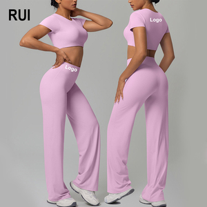 RUIQUWIN Wholesale Women's Yoga Set Breathable Plus Size Quick Dry Short Sleeve T-Shirt Built-in Bra <b>Pad</b> Straight Leg Pants - Product Image 1