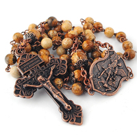 Collier de chapelet catholique en pierres de jaspe picturale de 6 mm, Saint-Michel, plaqué cuivre antique