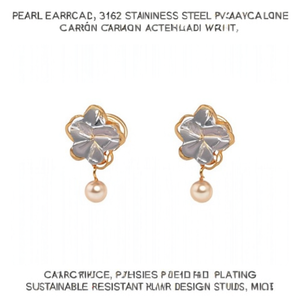 Pendientes de Perlas de Imitación para Mujer, Acero Inoxidable 316L, Chapado en Oro PVD, Diseño de Flor Resistente y Sostenible, Estilo Vintage Negro - Product Image 2