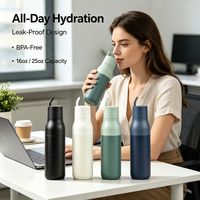 Bouteille d'eau isotherme moderne pour adultes, en acier inoxydable de haute qualité, 17 oz, sans BPA, à double paroi, anti-fuite, réutilisable, pour le sport et la gym
