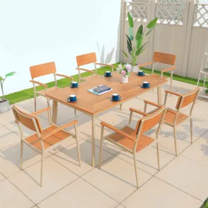 Set tavolo da pranzo da giardino impilabile poltrone mobili da esterno 7 pezzi con foro in metallo da tavolo e sedie