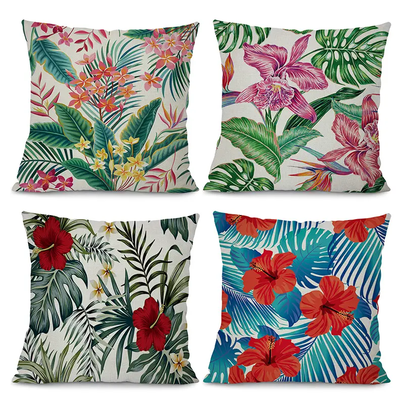 Summer Hawaii Red Green Colorful Flowers Leaves Tropical Decorative Pillow Covers Throw Cushion Case