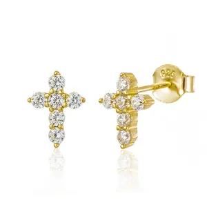 Gemnel 925 silver jewelry gold plated pave diamond cubic zircon stud cross mini earrings