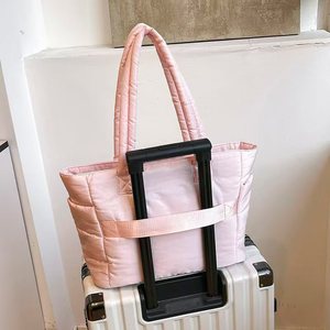 Nylon <strong>Puffer</strong> Tote Bag Large Capacity Lightweight Pastel Tote Bags Fluffy Handbag with Zipper Closure and Bottle Holder - Product Image 3