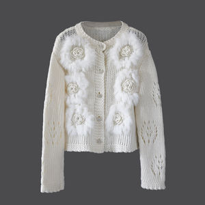 Cardigan court élégant <span class=keywords><strong>en</strong></span> tricot pour <span class=keywords><strong>femme</strong></span>, <span class=keywords><strong>en</strong></span> <span class=keywords><strong>laine</strong></span> et mélanges, avec fleurs <span class=keywords><strong>en</strong></span> fourrure de lapin faites à la <span class=keywords><strong>main</strong></span>, directement de l'usine - Product Image 1