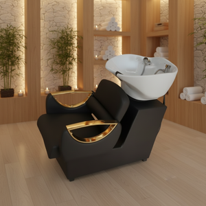 Nouveau fauteuil de shampooing en cuir moderne avec lavabo en céramique et structure métallique pour salon de coiffure - Design semi-inclinable - Product Image 3