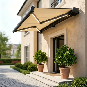 Store banne électrique extérieur à cassette intégrale avec éclairage COB, cadre noir, tissu beige, rétractable, certifié CE, pour villa et balcon - Product Image 2