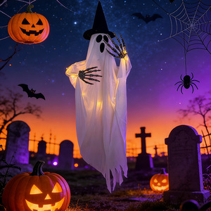 Halloween Hanging Ghost Ornament With Witch <b>Hat</b> LED Light Skeleton Hands For Yard Patio Party Scene Decoration - Product Image 2