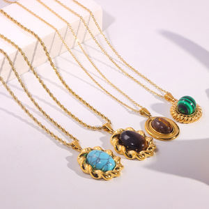 Moda 18K chapado en oro girasol colgante collar mujeres Boho Vintage turquesa Ojo de Tigre Cadena de piedra Natural conjunto de joyería - Product Image 4