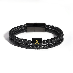 <b>Beaded</b> Bracelet Natural <b>Stone</b> Black Agate Tiger's Eye Volcanic Rock Letter A Unisex Gift Jewelry 7.5in 8.5in 9in - Product Image 3