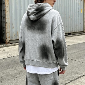 French Terry Heavyweight Hoodie Oversized Vintage Dirty Washed Zip up <b>Hoodies</b> Luxury Embroidered Full Zip Cropped Hoodie <b>Men</b> - Product Image 2