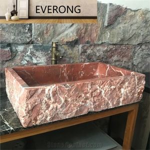 Lavabo a Vaso Quadrato in Marmo <span class=keywords><strong>Turco</strong></span> di Lusso, Design Moderno Antico, per <span class=keywords><strong>Bagno</strong></span> e Cucina, Lavabo Singolo in Rosso e Grigio - Product Image 4