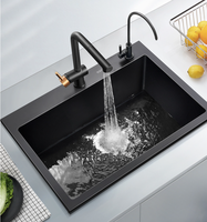 Évier de cuisine en granit noir de luxe à cuvette unique en quartz, design d'angle tendance, égouttoir rectangulaire, accessoire gain de place