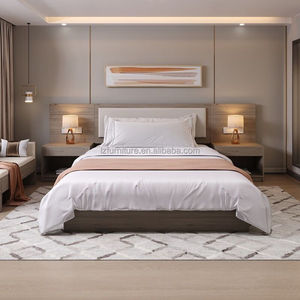 Economy 3-Star Hotel <b>Bed</b> Cheap Wooden <b>Platform</b> <b>Bed</b> <b>Frame</b> with Integrated Nightstands & Panel Headbaord for Hotel Bedroom Sets - Product Image 1