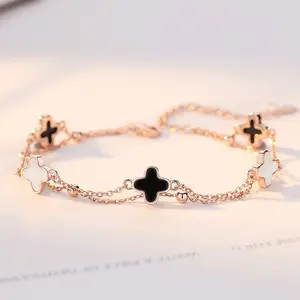 High Quality Luxury Multilayer Black Agate Lucky Protection Clover Beaded Wristband For Women Girls Original Flowers Bracelet