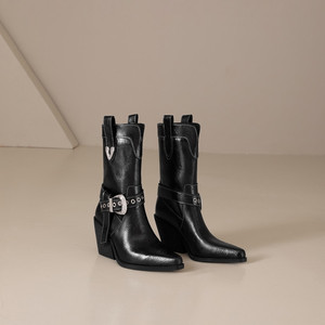 <span class=keywords><strong>Bottes</strong></span> de cow-boy occidentales pour femmes, bout pointu, talon bloc, boucle en métal, <span class=keywords><strong>mi</strong></span>-<span class=keywords><strong>mollet</strong></span>, couleur marron - Product Image 5