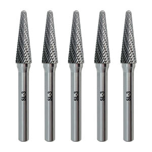 SL-3 डबल कट कार्बाइड बर्र सेट, 5 पीसी: 14 ° टेपर, 3/8 "सिर, 1/4" बंद. कच्चा लोहा, स्टील और अन्य धातुओं के लिए. - Product Image 1