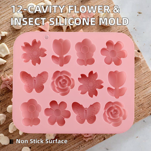 Moule à gâteau en silicone de qualité alimentaire, 12 cavités, design mignon en forme de fleurs et d'insectes, écologique, antiadhésif, résistant aux hautes températures, pour four - Product Image 2