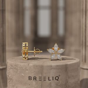 14k White Gold Marquise Diamond Flower Stud Earrings Elegant Five Petal Floral Round Cut Diamond - Product Image 4