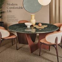 Luxuriöser Runder Esstisch mit Natürlicher Marmorplatte und Asymmetrischem Holzfurnier-Sockel für Villa, Hotel und Restaurant
