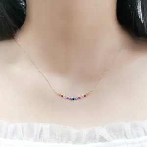 Trendy Women's Fine Jewelry 14k Solid Gold Smile Necklace With Multi-Color Rainbow Sapphire Natural Gem Stone Link Chain