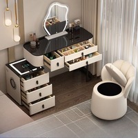 Table de maquillage moderne de style nordique en bois massif avec miroir éclairé, tabouret réglable, haut-parleur Bluetooth, fonctionnalités multifonctions