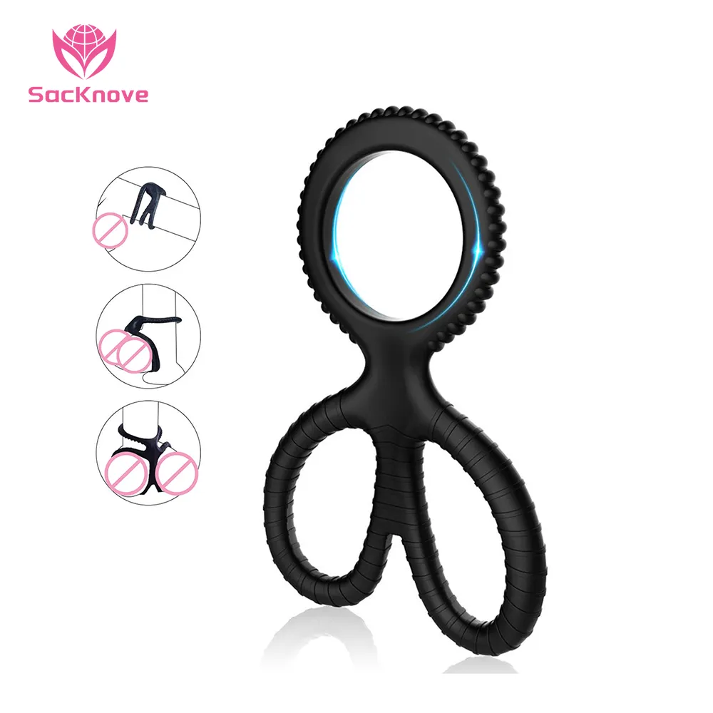 SacKnove Male Silicone Scissors Shaped Fine Penis Couples Sex Toys Triple Cock Rings For Men Delay Ejaculation