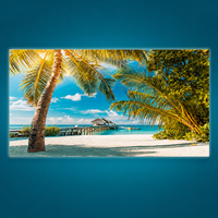 Impression murale de plage tropicale des Caraïbes, paysage marin avec cocotiers et îles, pour salon, hôtel, complexe hôtelier, intérieurs côtiers
