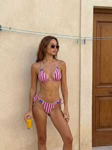 Bikini con Etichetta Privata, Decorazione a Strisce Rosa e Fiocco Blu, Allacciatura su Due Lati, Conjunto De Bikini Para Mujer - Product Image 2