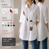 Chemisier blanc pour femme en polyester et coton brodé, col rabattu, boutonné, manches longues, coupe ample, longueur mini, ourlet asymétrique