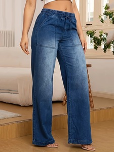 Jean en denim pour femme, taille mi-haute, extensible, avec cordon de serrage, coupe droite et large, tendance - Product Image 4