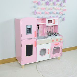 Grande cuisine de jeu en bois pour enfants avec réfrigérateur vintage, micro-ondes, cuisinière et évier, ensemble de cuisine d'imitation haut de gamme - Pastel - Product Image 2