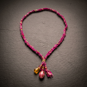 Sstringz Fuchsia Pink <b>Braided</b> Fabric Necklace with Crystal Drop Charms, Gold Accent Detail and Handmade Boho Fashion Jewelry - Product Image 2