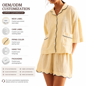 <span class=keywords><strong>Pigiama</strong></span> Personalizzato OEM in Doppio Strato di Garza di <span class=keywords><strong>Cotone</strong></span> con Volant, Abbigliamento da Casa per Coppie, <span class=keywords><strong>Pigiama</strong></span> da Donna a Maniche Corte con Elastico in Vita - Product Image 1
