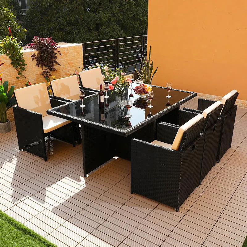 Fornitore all'ingrosso Online vendita calda kd pe rattan mobili da giardino all'aperto in rattan tavolo da pranzo con vetro